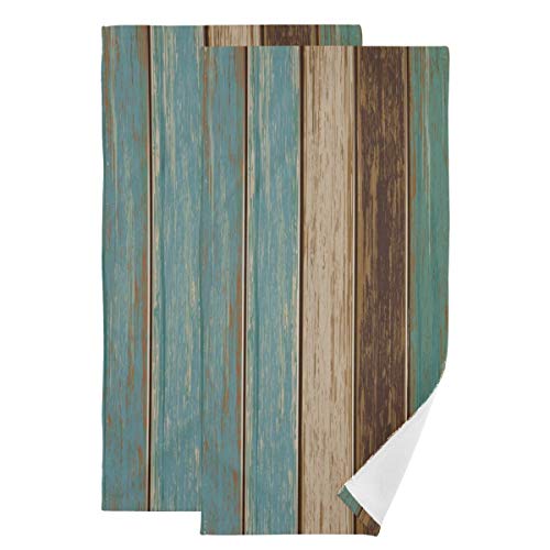 Rustic Barn Wood Hand Towel Set of 2, Vintage Teal Turquoise Brown Plank Wooden Stripe Face Towel Country Board Super Soft Washcloth for Farmhouse Log Cabin Bathroom Kitchen, Labor Day Gift