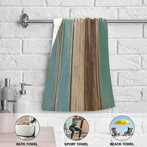 Rustic Barn Wood Hand Towel Set of 2, Vintage Teal Turquoise Brown Plank Wooden Stripe Face Towel Country Board Super Soft Washcloth for Farmhouse Log Cabin Bathroom Kitchen, Labor Day Gift