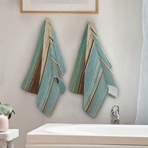 Rustic Barn Wood Hand Towel Set of 2, Vintage Teal Turquoise Brown Plank Wooden Stripe Face Towel Country Board Super Soft Washcloth for Farmhouse Log Cabin Bathroom Kitchen, Labor Day Gift