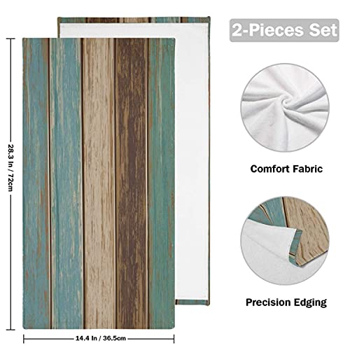 Rustic Barn Wood Hand Towel Set of 2, Vintage Teal Turquoise Brown Plank Wooden Stripe Face Towel Country Board Super Soft Washcloth for Farmhouse Log Cabin Bathroom Kitchen, Labor Day Gift