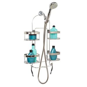 zenna home hanging shower caddy, over the shower head bathroom storage, stainless steel, for handheld shower hoses, rust resistant, no drilling, expandable organizer, 4 baskets, razor holders, hooks