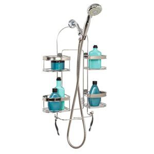 Zenna Home Hanging Shower Caddy, Over the Shower Head Bathroom Storage, Stainless Steel, For Handheld Shower Hoses, Rust Resistant, No Drilling, Expandable Organizer, 4 Baskets, Razor Holders, Hooks