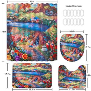 TERSUM Wonderland Shower Curtain Set, Alice Rabbit 4PCS Bathroom Sets with Shower Curtain and Bath Mat, Toilet Lid Cover and U Shaped Rugs,72"x72" Polyester Fabric Bathtub Curtain with Hooks, SETGXTE1