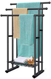 kayfia 40" h free standing towel rack, 3 tier alloy steel towel rack stand with basket, blanket drying and display rack for oversized bath towels bathroom accessories, next to tub or shower (black)