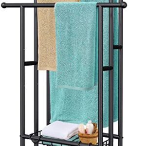 Kayfia 40" H Free Standing Towel Rack, 3 Tier Alloy Steel Towel Rack Stand with Basket, Blanket Drying and Display Rack for Oversized Bath Towels Bathroom Accessories, Next to Tub or Shower (Black)