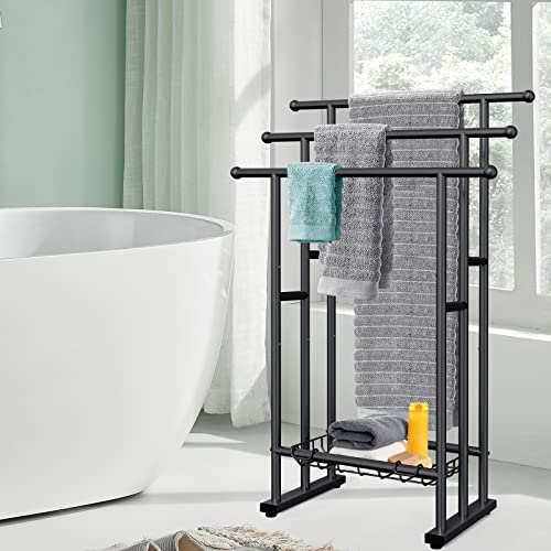 Kayfia 40" H Free Standing Towel Rack, 3 Tier Alloy Steel Towel Rack Stand with Basket, Blanket Drying and Display Rack for Oversized Bath Towels Bathroom Accessories, Next to Tub or Shower (Black)