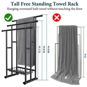 Kayfia 40" H Free Standing Towel Rack, 3 Tier Alloy Steel Towel Rack Stand with Basket, Blanket Drying and Display Rack for Oversized Bath Towels Bathroom Accessories, Next to Tub or Shower (Black)