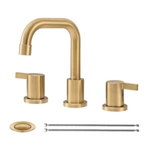 parlos two-handle widespread bathroom faucet with metal pop-up drain assembly and cupc faucet supply lines, brushed gold, 1.2 gpm