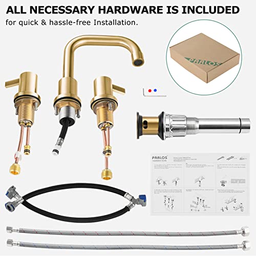 PARLOS Two-Handle Widespread Bathroom Faucet with Metal Pop-up Drain Assembly and cUPC Faucet Supply Lines, Brushed Gold, 1.2 GPM