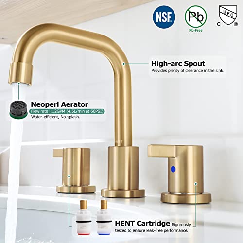 PARLOS Two-Handle Widespread Bathroom Faucet with Metal Pop-up Drain Assembly and cUPC Faucet Supply Lines, Brushed Gold, 1.2 GPM