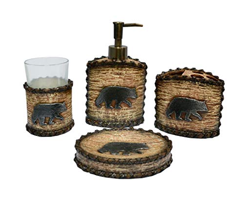 Paseo Road by HiEnd Accents | Lodge Bear 4 Piece Resin Bathroom Set with Soap Lotion Dispenser, Tumbler, Toothbrush Holder, Soap Dish, Rustic Cabin Lodge Style