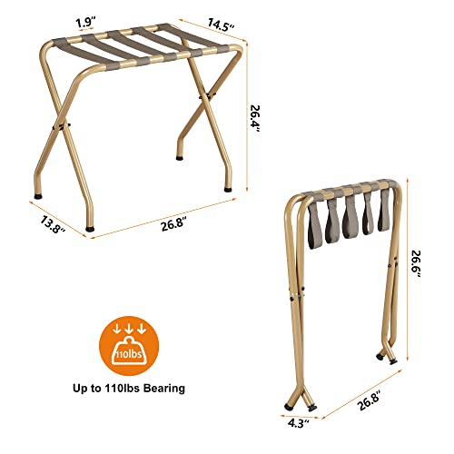 ELYKEN 2 Pack Folding Luggage Rack for Guest Room, Heavy Duty Max 110LBS Loading Bearing Suitcase Holder, Easily Assemble Metal Stand, Narrow Foldable Space Saving Hotel Storage Rack, Gold