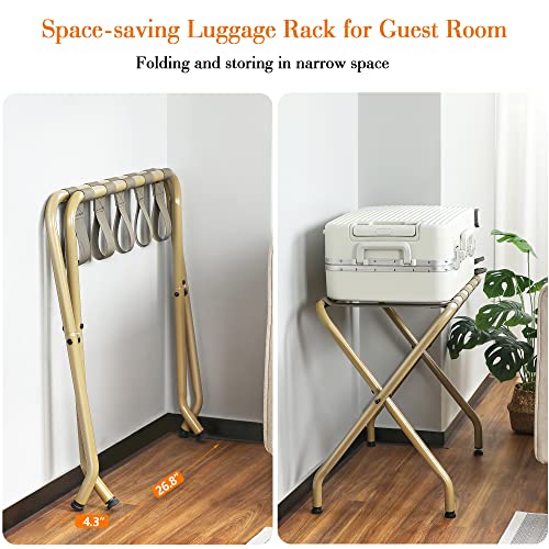 ELYKEN 2 Pack Folding Luggage Rack for Guest Room, Heavy Duty Max 110LBS Loading Bearing Suitcase Holder, Easily Assemble Metal Stand, Narrow Foldable Space Saving Hotel Storage Rack, Gold