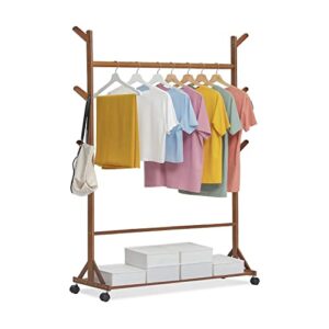 monibloom garment racks with wheels, bamboo 2-in-1 free-standing rolling garment rack closet organizer with bottom storage shelf with 6 hooks for bedroom entryway office, brown
