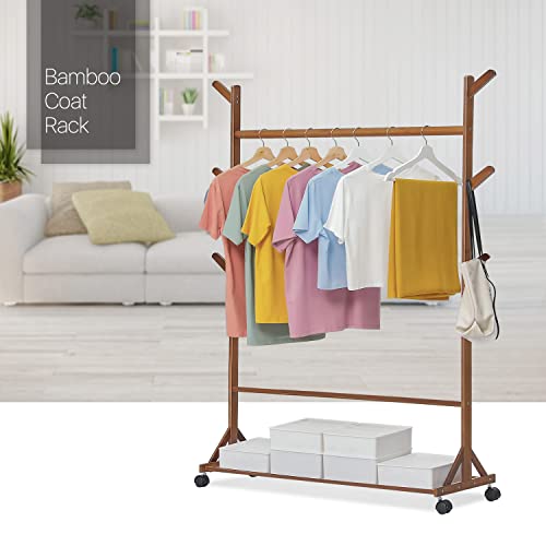 MoNiBloom Garment Racks with Wheels, Bamboo 2-in-1 Free-Standing Rolling Garment Rack Closet Organizer with Bottom Storage Shelf with 6 Hooks for Bedroom Entryway Office, Brown