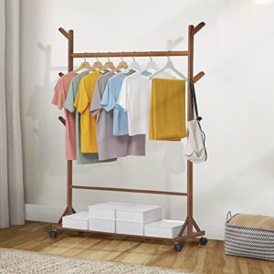 MoNiBloom Garment Racks with Wheels, Bamboo 2-in-1 Free-Standing Rolling Garment Rack Closet Organizer with Bottom Storage Shelf with 6 Hooks for Bedroom Entryway Office, Brown