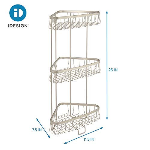 iDesign York Metal Wire Corner Standing Shower Caddy 3-Tier Bath Shelf Baskets for Towels, Soap, Shampoo, Lotion, Accessories, Satin