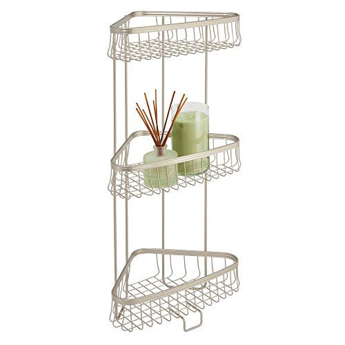 iDesign York Metal Wire Corner Standing Shower Caddy 3-Tier Bath Shelf Baskets for Towels, Soap, Shampoo, Lotion, Accessories, Satin