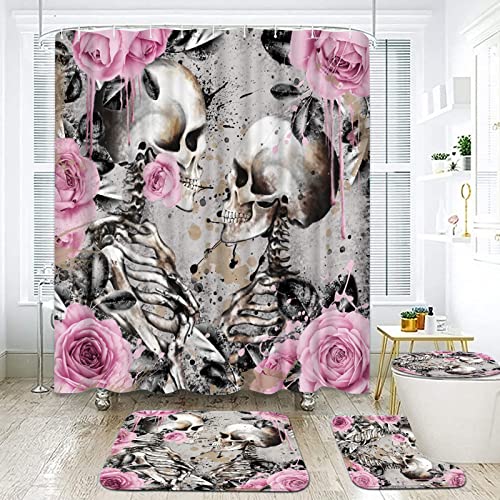 RyounoArt 4Pcs Skeleton Couple Bathroom Set Gothic Skull with Pink Flower Design Shower Curtain Romance Love Bath Curtain with Non-Slip Rugs Toilet Lid Cover and Bath Mat