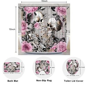 RyounoArt 4Pcs Skeleton Couple Bathroom Set Gothic Skull with Pink Flower Design Shower Curtain Romance Love Bath Curtain with Non-Slip Rugs Toilet Lid Cover and Bath Mat