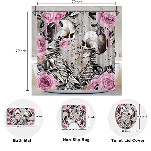 RyounoArt 4Pcs Skeleton Couple Bathroom Set Gothic Skull with Pink Flower Design Shower Curtain Romance Love Bath Curtain with Non-Slip Rugs Toilet Lid Cover and Bath Mat