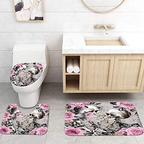 RyounoArt 4Pcs Skeleton Couple Bathroom Set Gothic Skull with Pink Flower Design Shower Curtain Romance Love Bath Curtain with Non-Slip Rugs Toilet Lid Cover and Bath Mat