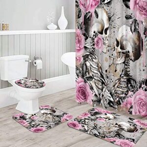 RyounoArt 4Pcs Skeleton Couple Bathroom Set Gothic Skull with Pink Flower Design Shower Curtain Romance Love Bath Curtain with Non-Slip Rugs Toilet Lid Cover and Bath Mat