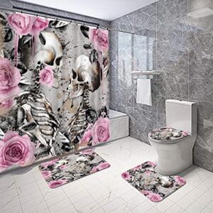 RyounoArt 4Pcs Skeleton Couple Bathroom Set Gothic Skull with Pink Flower Design Shower Curtain Romance Love Bath Curtain with Non-Slip Rugs Toilet Lid Cover and Bath Mat