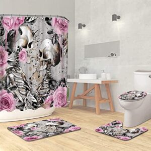 RyounoArt 4Pcs Skeleton Couple Bathroom Set Gothic Skull with Pink Flower Design Shower Curtain Romance Love Bath Curtain with Non-Slip Rugs Toilet Lid Cover and Bath Mat