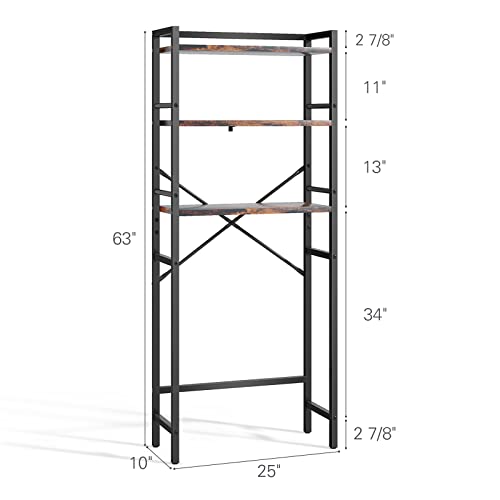 Denkee Over The Toilet Storage Rack, 3-Tier Over Toilet Bathroom Organizer, Bathroom Space Saver Shelf, Easy to Assemble, Rustic Brown (25L x 10W x 63H)