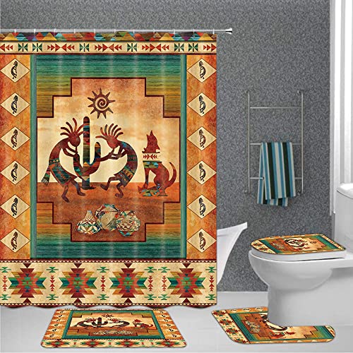 Kokopelli Bathroom Sets with Shower Curtain and Rugs, Southwestern Native American Bathroom Shower Curtain Sets, Western Waterproof Polyester Fabric Bathroom Accessories Bathtub Decorative