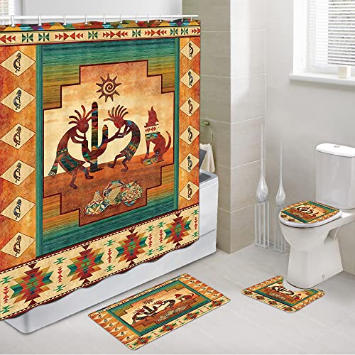 Kokopelli Bathroom Sets with Shower Curtain and Rugs, Southwestern Native American Bathroom Shower Curtain Sets, Western Waterproof Polyester Fabric Bathroom Accessories Bathtub Decorative