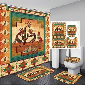 Kokopelli Bathroom Sets with Shower Curtain and Rugs, Southwestern Native American Bathroom Shower Curtain Sets, Western Waterproof Polyester Fabric Bathroom Accessories Bathtub Decorative