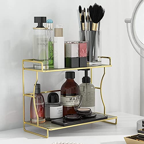 Makeup Organizer Shelf,2 Tier Bathroom Cosmetic Storage Shelf,for Dresser, Countertop, Bathroom and More, Gold