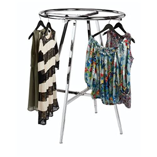 SSWBasics Chrome Round Clothing Rack (36" Diameter, 48"-72" H, 3" Increments) - with Push Button Adjustable Legs - Round Garment Rack for Retail, Thrift, and Consignment Shops