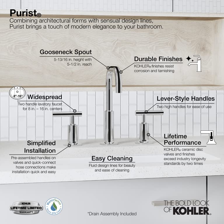 KOHLER Purist K-14406-4-BN Widespread Bathroom Sink Faucet with Metal Drain Assembly in Brushed Nickel