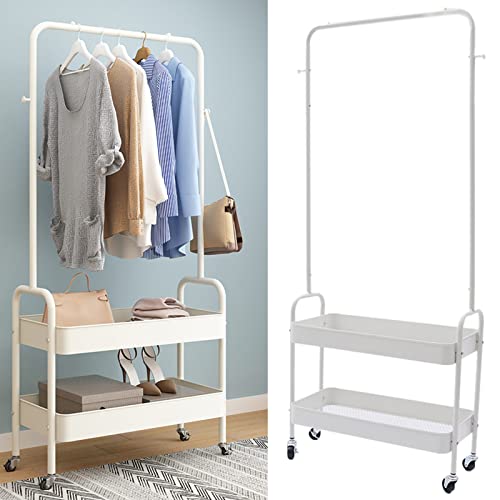 Ghankopd 2-In 1 Garment Rack, Rolling Storage Cart Clothes Organizer Coat Rack Storage Stand On Wheels, For Home Bedroom Laundry Small Place Entryway, Pink,Black,White (White)