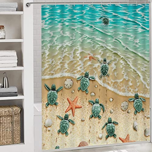 AKvsoze 4 Pcs Sea Turtle Beach Shower Curtain Sets,with Non-Slip Rug,Toilet Lid Cover & Bath Mat,Durable Waterproof for Bathroom Decor Set Including Hooks