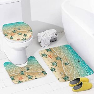 AKvsoze 4 Pcs Sea Turtle Beach Shower Curtain Sets,with Non-Slip Rug,Toilet Lid Cover & Bath Mat,Durable Waterproof for Bathroom Decor Set Including Hooks