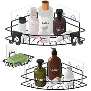 nihome wall-mounted shower corner caddy 3pcs (large + small) with soap holder and hooks, antirust iron wire frame organizers for bathroom, dorm, kitchen storage, no-drill adhesive installation (black)
