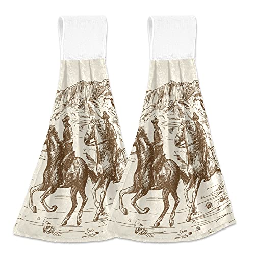 WELLDAY 2 Pcs Hanging Hand Towels Soft Absorbent Western Desert Cowboy Towel for Kitchen Bathroom