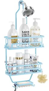 hyseyy shower caddy over shower head - hanging shower caddy over shower head for bathroom, no drilling rustproof stainless steel hanging shower organizer with soap holder, 10 hooks, blue