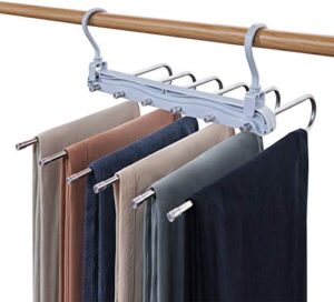 niclogi pants hangers 6 layers space saving trouser hangers, 4 pack multifunctional pant rack stainless steel folding closet storage organizer for pants slacks jeans trousers towel（grey）