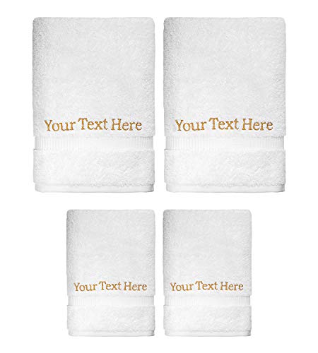 Home and Plan Personalized Towels with Text | 4-Piece Set, 2 Hand Towels (16x30), 2 Wash Cloths (13x13) | Premium Quality Decorative Turkish Cotton | Embroidered in The USA - Custom Text