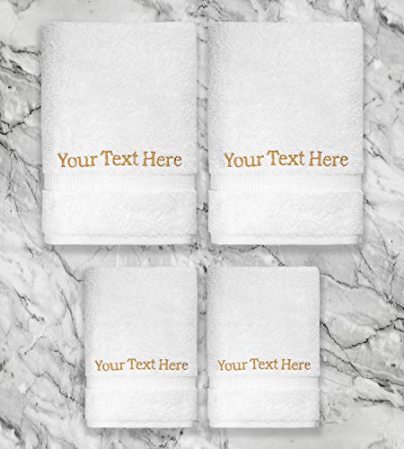 Home and Plan Personalized Towels with Text | 4-Piece Set, 2 Hand Towels (16x30), 2 Wash Cloths (13x13) | Premium Quality Decorative Turkish Cotton | Embroidered in The USA - Custom Text