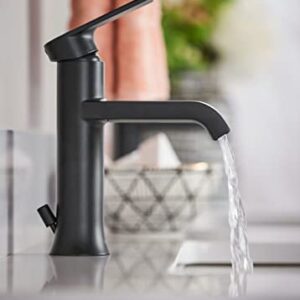 Moen Genta LX Matte Black One-Handle Single Hole Modern Bathroom Sink Faucet with Optional Deck Plate for 3-hole Sinks, Waterfall Bathroom Faucet, 6702BL