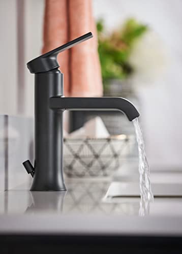 Moen Genta LX Matte Black One-Handle Single Hole Modern Bathroom Sink Faucet with Optional Deck Plate for 3-hole Sinks, Waterfall Bathroom Faucet, 6702BL