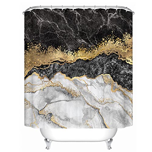 Nuseiis 4PCS Black Marble Shower Curtain Sets with Non-Slip Rugs,Bath Mat and Toilet Lid Cover,Shower Curtain Sets for Bathroom, Gold Modern Bathroom Sets with Shower Curtain and Rugs and Accessorie