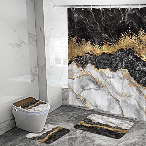 Nuseiis 4PCS Black Marble Shower Curtain Sets with Non-Slip Rugs,Bath Mat and Toilet Lid Cover,Shower Curtain Sets for Bathroom, Gold Modern Bathroom Sets with Shower Curtain and Rugs and Accessorie