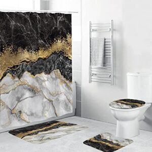 Nuseiis 4PCS Black Marble Shower Curtain Sets with Non-Slip Rugs,Bath Mat and Toilet Lid Cover,Shower Curtain Sets for Bathroom, Gold Modern Bathroom Sets with Shower Curtain and Rugs and Accessorie